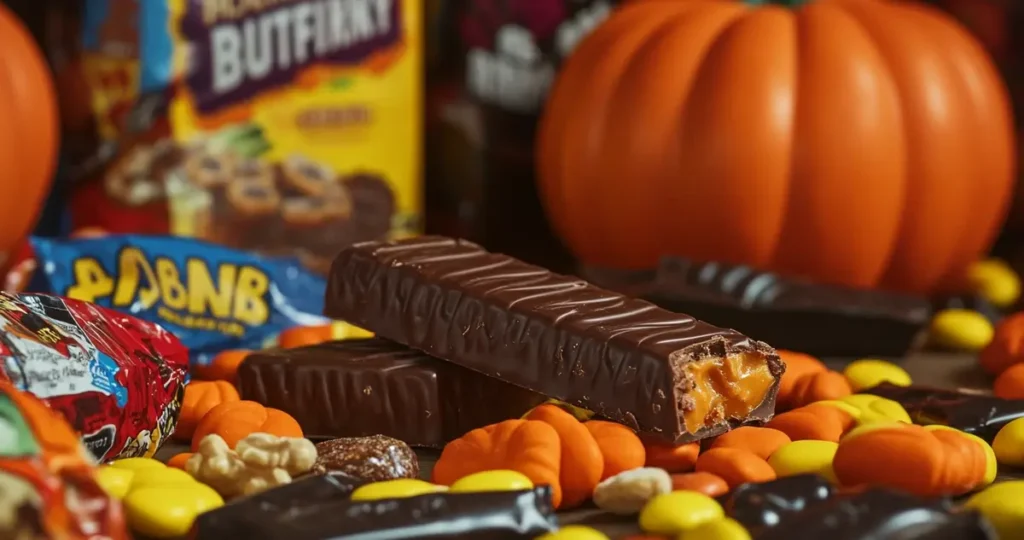 A nostalgic Butterfinger candy bar placed in a retro 90s candy aisle surrounded by Halloween decorations and vintage advertisements, evoking childhood memories and cultural nostalgia.