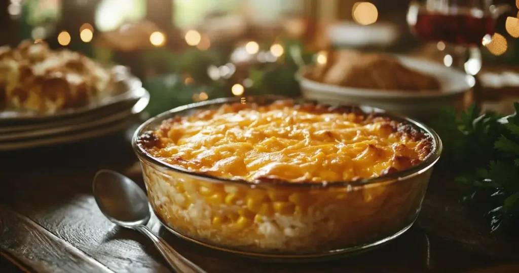 Golden-brown Paula Deen corn casserole in a glass dish, topped with melted cheddar cheese, placed on a rustic wooden table with holiday accents.