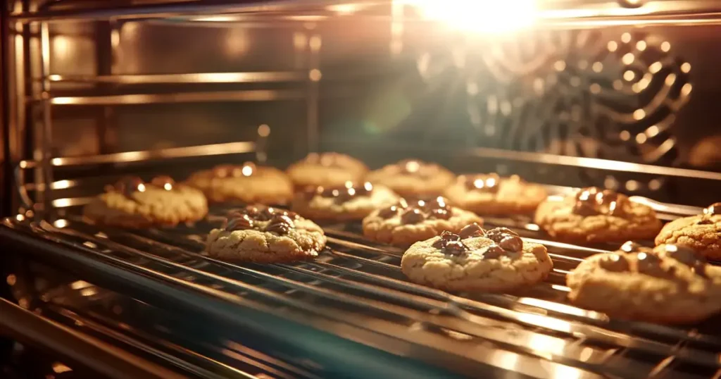 Inside an oven, cookies are baking on the middle rack, their edges turning golden, illuminated by the oven light with heat waves visible from the heating coils.