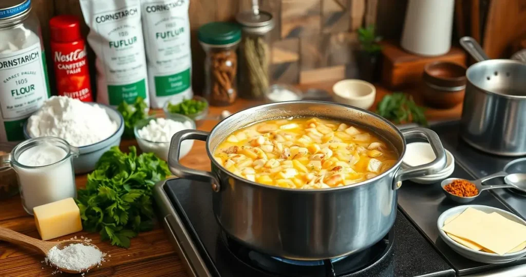 A rustic kitchen scene showcasing a bubbling pot pie filling on a stove, surrounded by ingredients like flour, cornstarch, and butter. In the background, various herbs and spices are displayed on a wooden table, alongside measuring cups and spoons, conveying the process of thickening the filling. The warm glow of cooking adds a cozy atmosphere, with steam rising from the pot, highlighting the rich textures and colors of the ingredients.