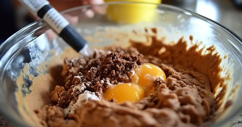 A step-by-step process of preparing cookie dough, showing a person mixing ingredients in a bowl, with an extra egg yolk and butter added for moisture, and a thermometer set to a lower baking temperature.