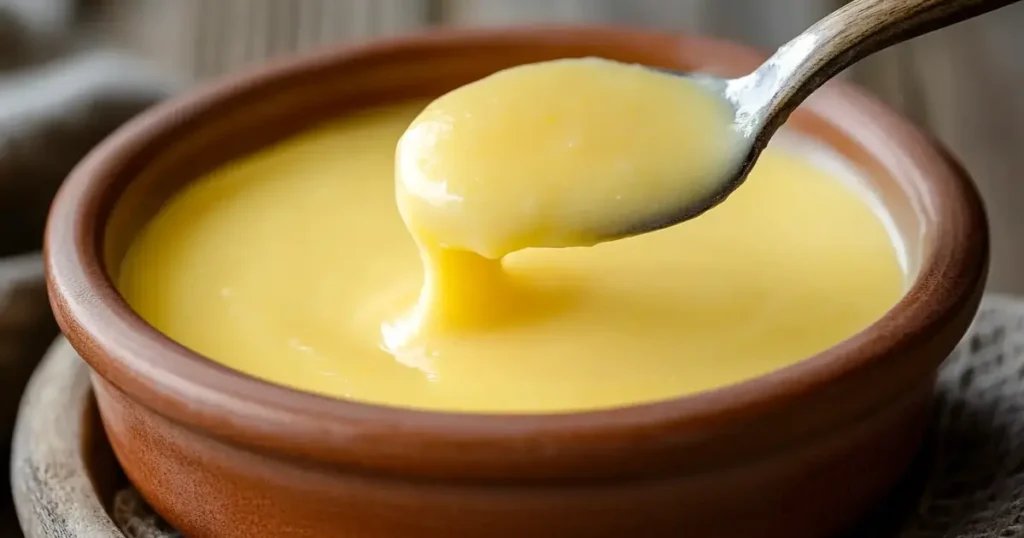 Close-up of a spoon lifting a scoop of creamy, smooth, custard-like corn pudding from a round ceramic dish, set against a rustic wooden table background.