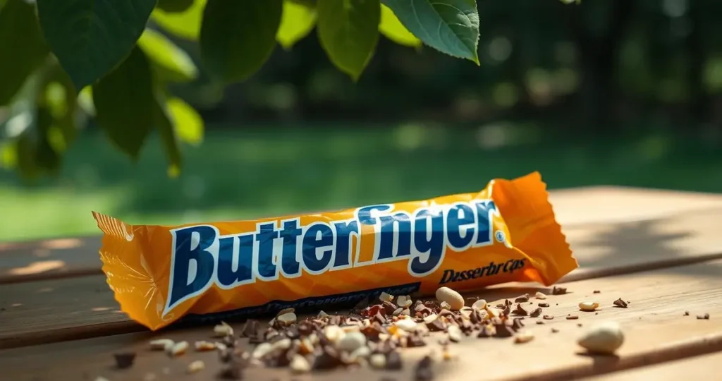 A realistic Butterfinger candy bar, unwrapped and resting on a wooden picnic table, with its signature orange and yellow wrapper partially crumpled beside it, surrounded by scattered crushed peanuts and chocolate shavings, soft natural lighting filtering through green leaves overhead, evoking a nostalgic summer afternoon.