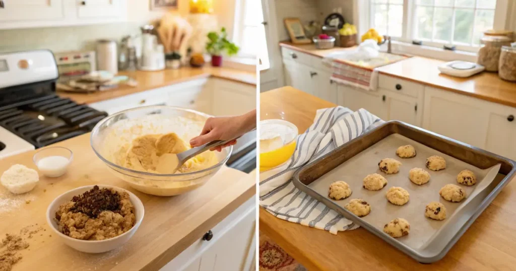 A step-by-step visual of making soft and chewy cookies, featuring hands mixing ingredients in a bowl, scooping dough onto a baking sheet, and freshly baked cookies cooling in a bright, cozy kitchen.