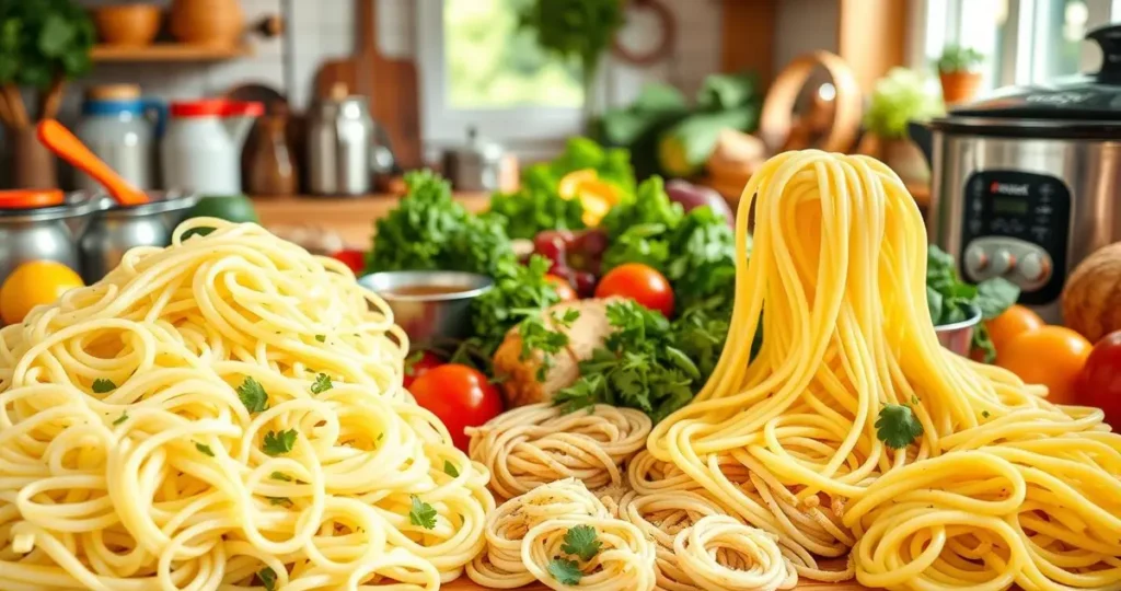 A vibrant kitchen scene featuring a variety of egg noodles in different states of preparation, including cooked, uncooked, and overcooked versions. Surrounding the noodles are various ingredients like fresh vegetables, herbs, and sauces. Include kitchen utensils such as measuring cups, pots, and a crockpot. The background showcases a warm and inviting atmosphere with natural light streaming in, emphasizing the art of recipe modifications.