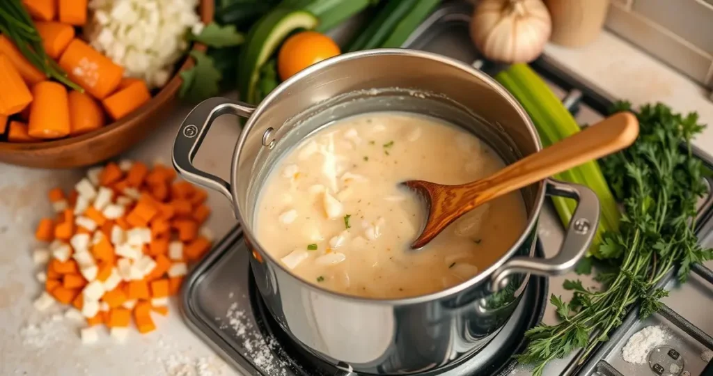 A rustic kitchen scene featuring a saucepan bubbling on a stove, surrounded by fresh ingredients for pot pie sauce: diced onions, chopped carrots, celery, and a sprinkle of herbs. Include a wooden spoon stirring the mixture, with a backdrop of colorful vegetables and a lightly floured countertop. Soft, warm lighting creates a cozy atmosphere.