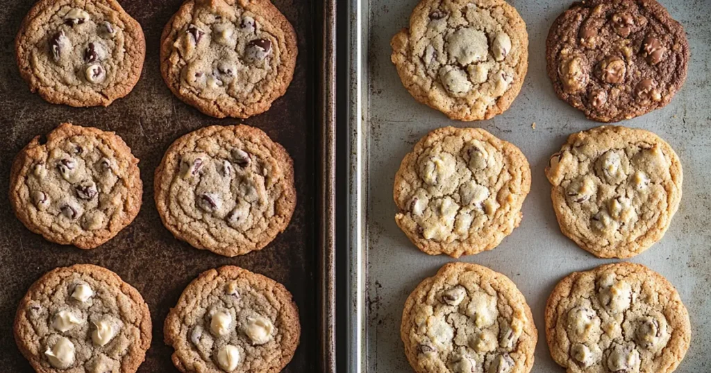 A side-by-side comparison of two batches of cookies: one over-baked and crispy, and the other perfectly chewy, highlighting the texture differences from varied baking times and temperatures.