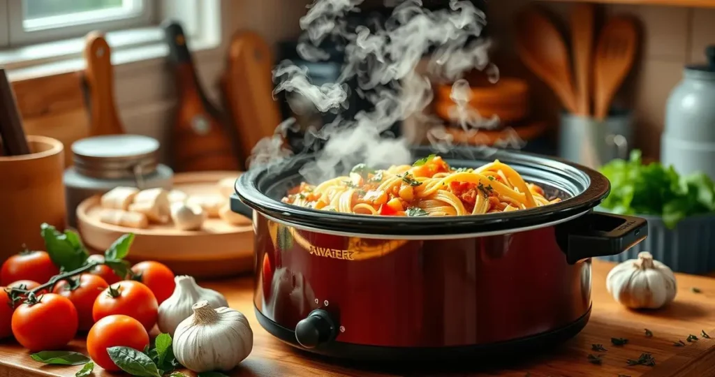 A cozy kitchen scene featuring a slow cooker filled with vibrant, colorful pasta dishes, steam rising from the pot, surrounded by fresh ingredients like tomatoes, basil, and garlic, warm lighting creating an inviting atmosphere, wooden countertop with utensils and scattered herbs.