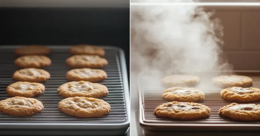 Side-by-side comparison of soft, chewy cookies and hard, crispy cookies on baking trays.