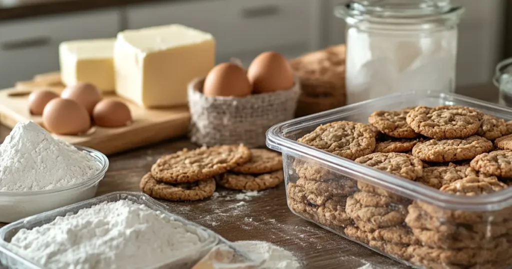 A rustic countertop scene showcasing soft and chewy cookies stored in a clear airtight container, surrounded by baking ingredients like butter, eggs, sugar, and flour for an inviting homemade vibe.