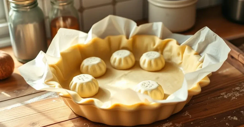 A beautifully arranged kitchen scene featuring a pie dish lined with raw pastry dough, covered with parchment paper and filled with pie weights, set against a rustic wooden countertop. Soft natural light illuminates the scene, highlighting the texture of the crust and the details of the kitchen utensils nearby, creating an inviting and cozy atmosphere.