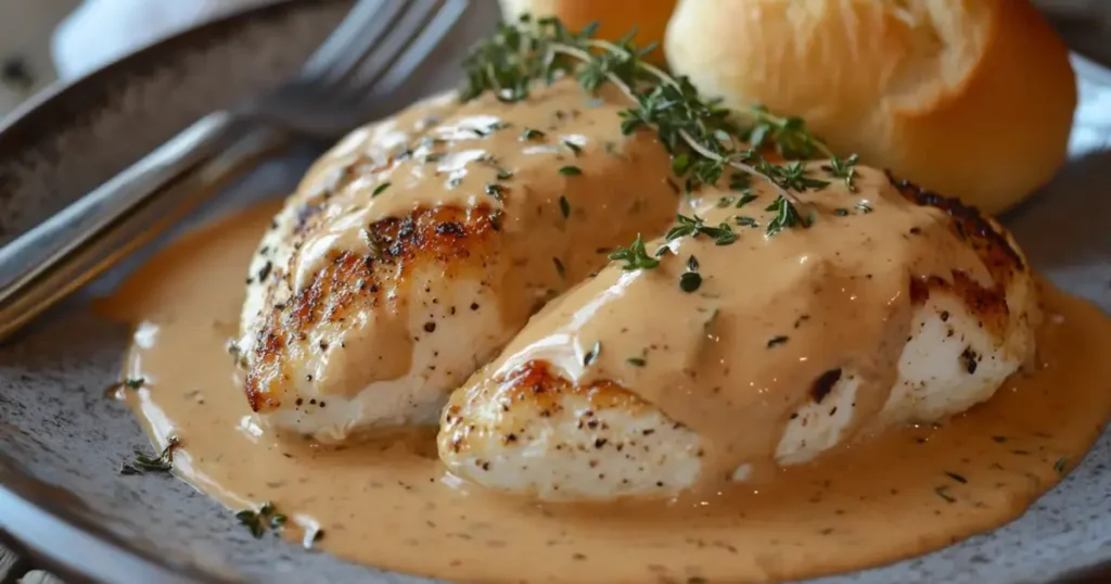 A beautifully plated Marry Me Chicken dish featuring thick, creamy sauce over golden-brown chicken breasts, garnished with fresh basil and thyme. The rustic table setting includes a knife, fork, and bread roll, showcasing the perfect result of proper cooking techniques.