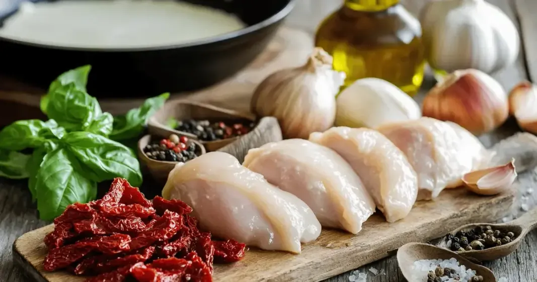 An assortment of ingredients for Marry Me Chicken arranged on a rustic wooden surface, including raw chicken breasts, heavy cream, sun-dried tomatoes, garlic cloves, Parmesan cheese, fresh basil leaves, olive oil, salt, and pepper. A cutting board, skillet, and measuring spoons are visible in the background, creating a step-by-step cooking guide atmosphere.