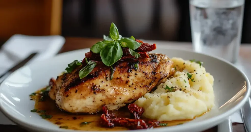 Elegantly plated Marry Me Chicken dish on a white ceramic plate, garnished with fresh basil and sun-dried tomatoes. Served alongside mashed potatoes and a glass of white wine on a sophisticated dining table setting.