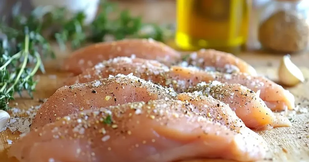 Close-up view of raw chicken breasts being seasoned with salt, pepper, and garlic powder on a cutting board. Surrounding ingredients include fresh herbs, a bottle of olive oil, and kitchen utensils in a brightly lit kitchen.