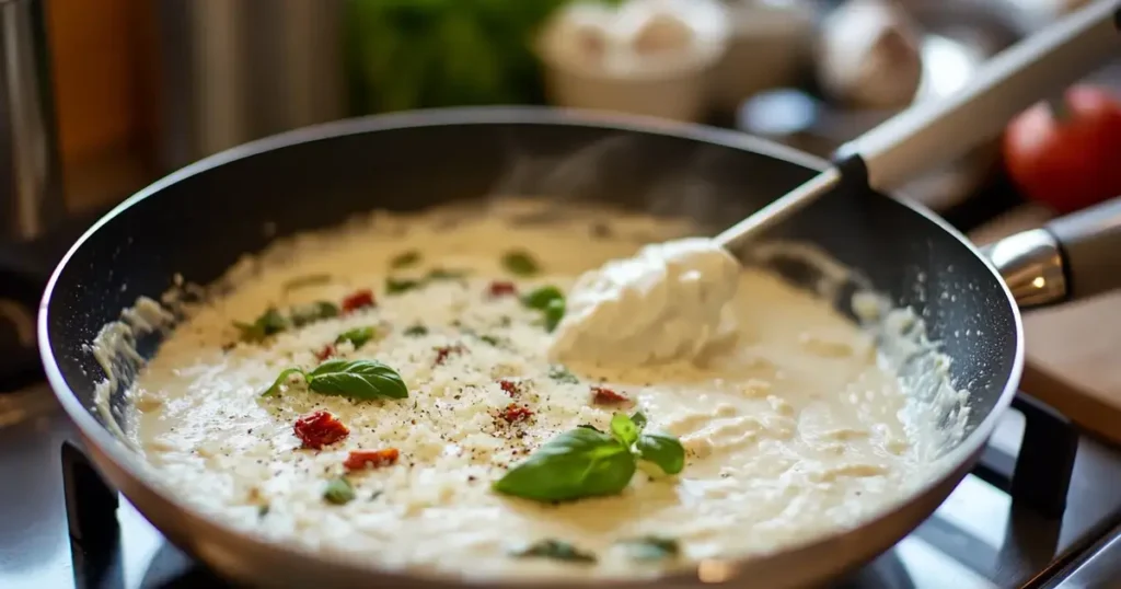 A pan on a modern stovetop filled with a creamy white sauce, being stirred to combine Parmesan cheese, garlic, sun-dried tomatoes, and fresh basil. Kitchen tools are neatly arranged in the background.