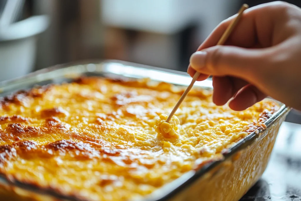 A close-up of a hand performing the toothpick test on a corn casserole. The toothpick is being inserted into the casserole's center and shown clean after removal, confirming it is fully baked. The blurred kitchen background keeps the focus on the casserole and toothpick.