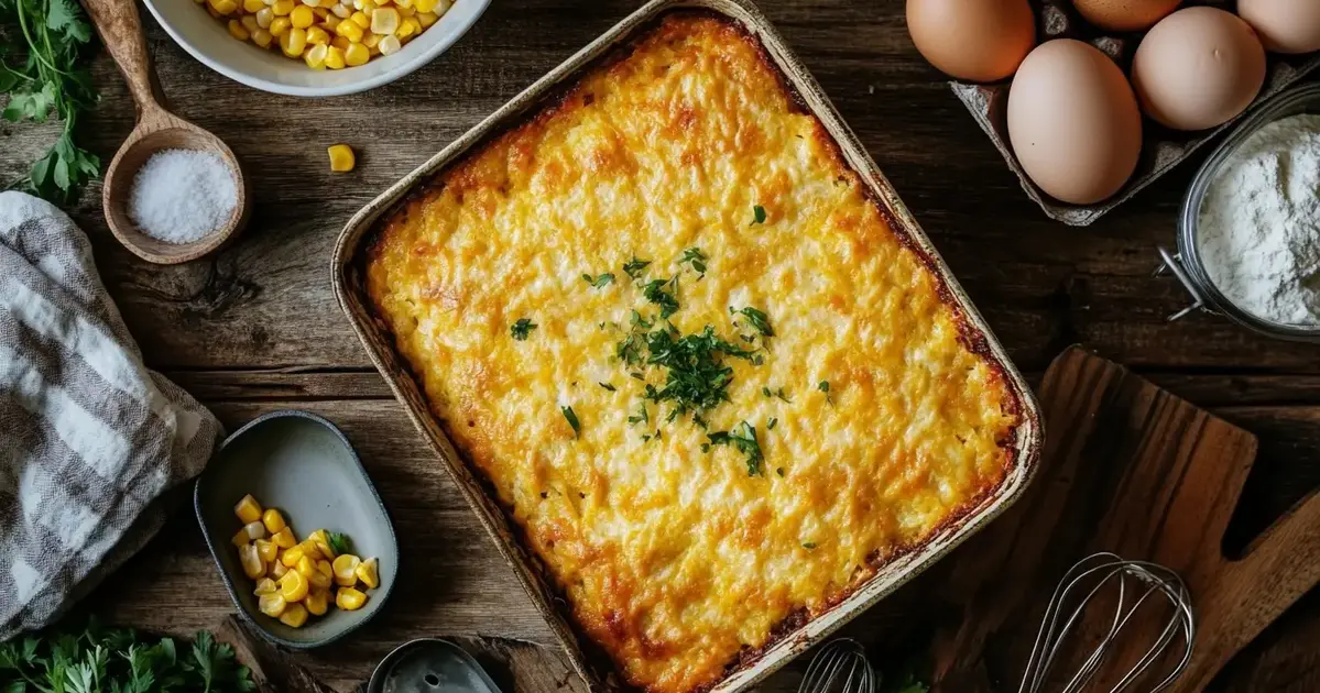 Golden-brown corn casserole served in a ceramic baking dish, garnished with fresh herbs, placed on a rustic wooden table surrounded by ingredients like corn, eggs, and cornbread mix, evoking a warm and inviting kitchen setting.