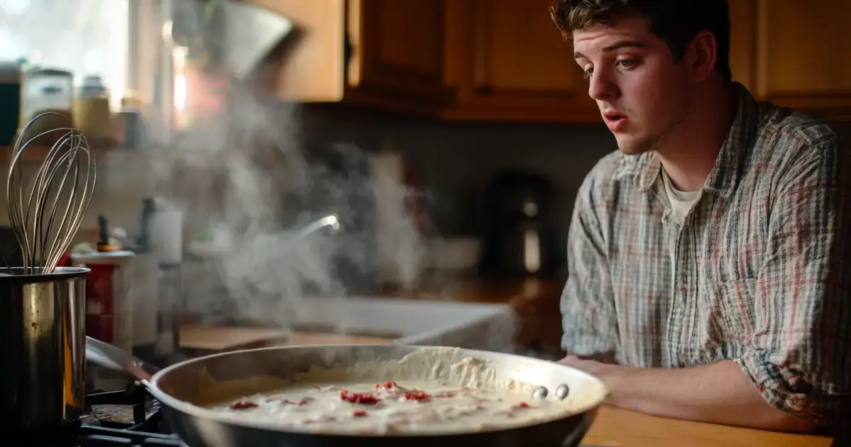 A home cook looking at a pan of watery Marry Me Chicken sauce on the stovetop, surrounded by ingredients like sun-dried tomatoes, fresh basil, and cooking tools such as a whisk and measuring cup, in a warmly lit kitchen.