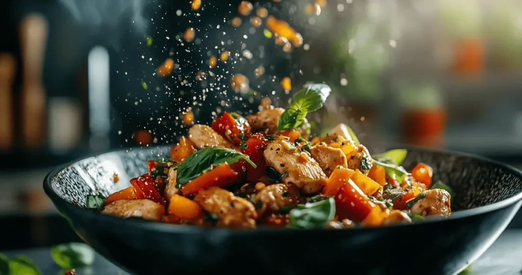 Featured image of a delicious and colorful 10 minute Italian chicken stir fry in a bowl, with a blurred kitchen background, capturing the ease and appeal of a quick, flavorful meal.