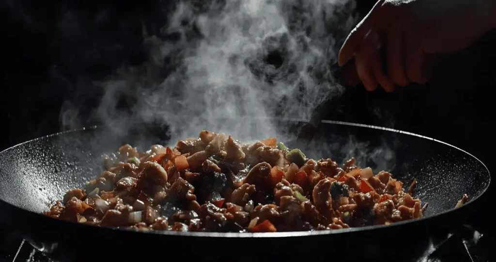 Dynamic action shot of a hand stirring chicken and vegetables in a wok, with blurred motion and high heat, emphasizing the cooking process.