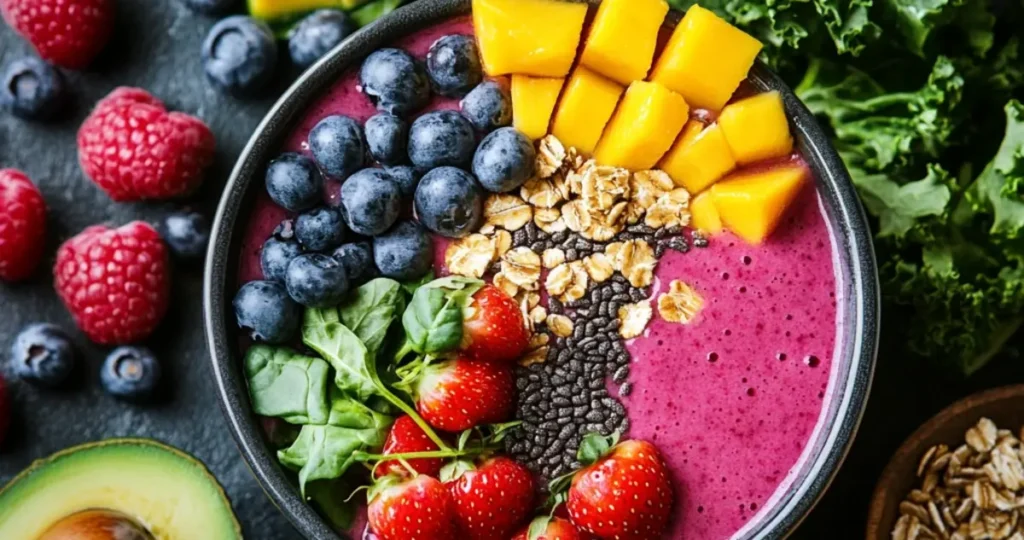Fresh fruits, leafy greens, and healthy ingredients arranged around a refreshing smoothie, showcasing the vibrant, nutritious options available at Tropical Smoothie Cafe, highlighting 'What's the healthiest smoothie at Tropical Smoothie.'