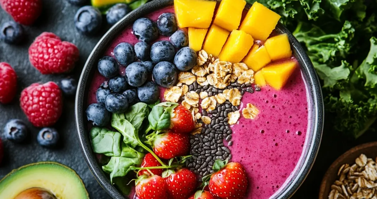 Fresh fruits, leafy greens, and healthy ingredients arranged around a refreshing smoothie, showcasing the vibrant, nutritious options available at Tropical Smoothie Cafe, highlighting 'What's the healthiest smoothie at Tropical Smoothie.'