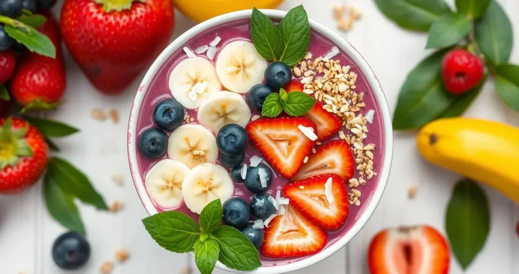 A vibrant acai bowl filled with rich purple acai puree, topped with fresh sliced bananas, strawberries, and blueberries, sprinkled with granola and coconut flakes, surrounded by colorful fruits and green leaves, set against a bright wooden table background.