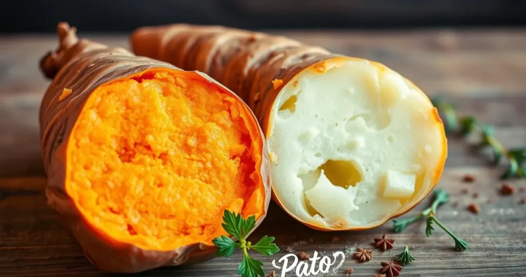 A vibrant scene showcasing a baked sweet potato and a regular potato side by side on a rustic wooden table, with a warm golden glow illuminating the sweet potato's rich orange flesh and the white, starchy interior of the regular potato, surrounded by fresh herbs and spices, highlighting their textures and colors.