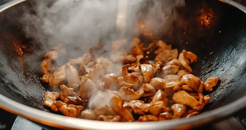 A bird's-eye view of a wok filled with chicken stir-fry being cooked, focus on the textural details of the browned chicken and crisp vegetables, high contrast lighting to emphasize the steaming effect.