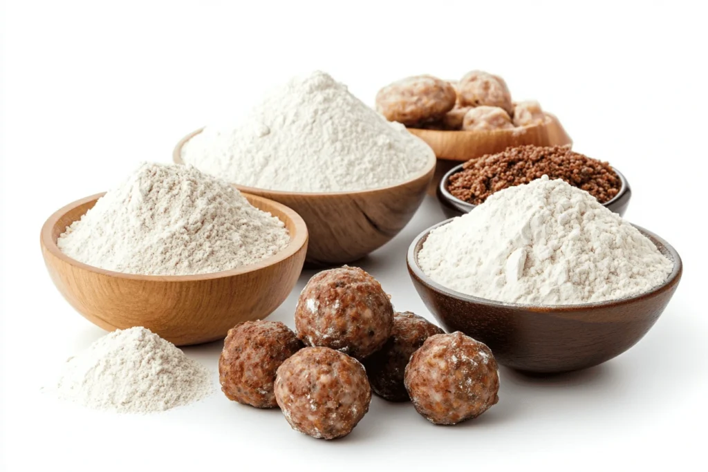 A display of bowls showing what can you use in place of Bisquick for sausage balls, including flour, baking powder, shortening, and cooked sausage.