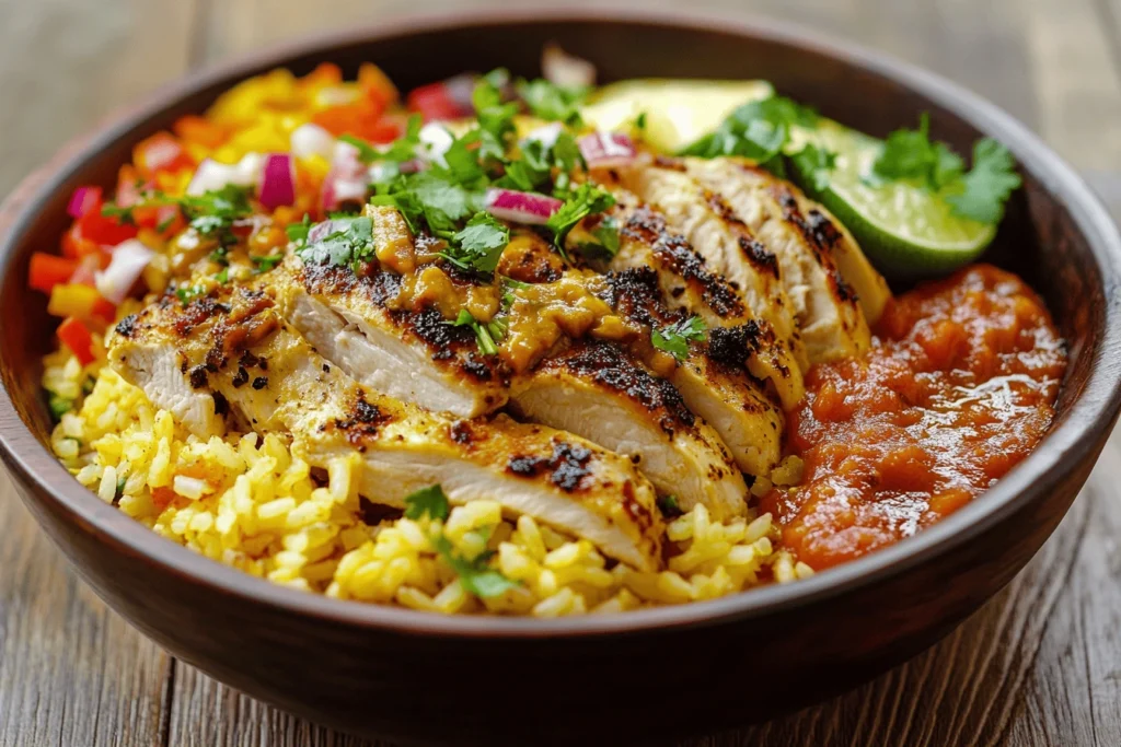 Vibrant chicken and rice with different sauces and garnishes on a rustic table, illustrating ways to enhance the dish’s flavor and address what can I add to chicken and rice for flavor.