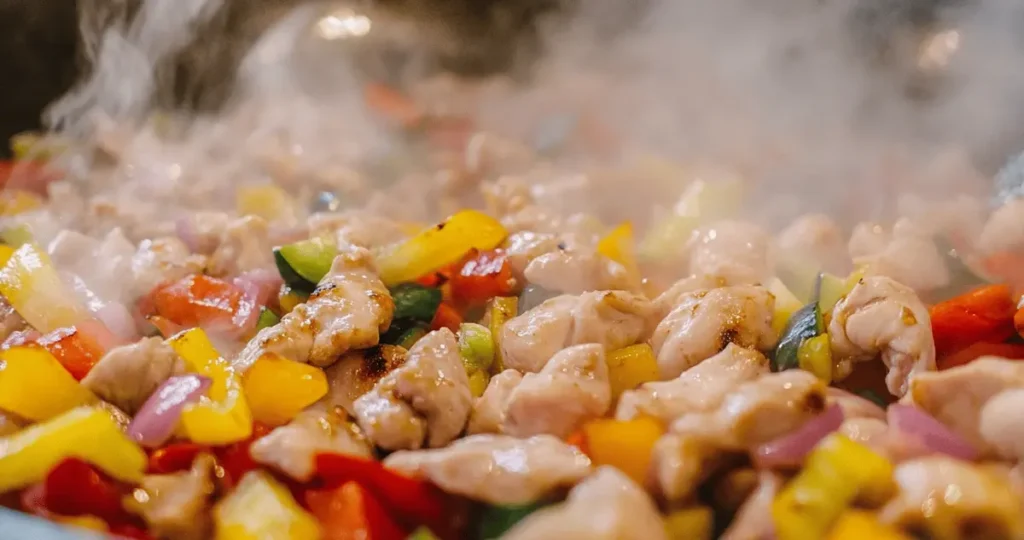 Close up of chicken being stir fried in a wok showing how to stir fry chicken so it's tender.