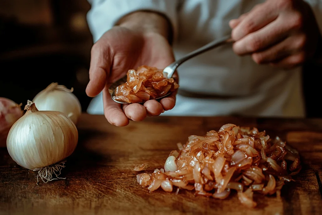 A chef demonstrates the difference between onion and French onion by holding both in their hand.