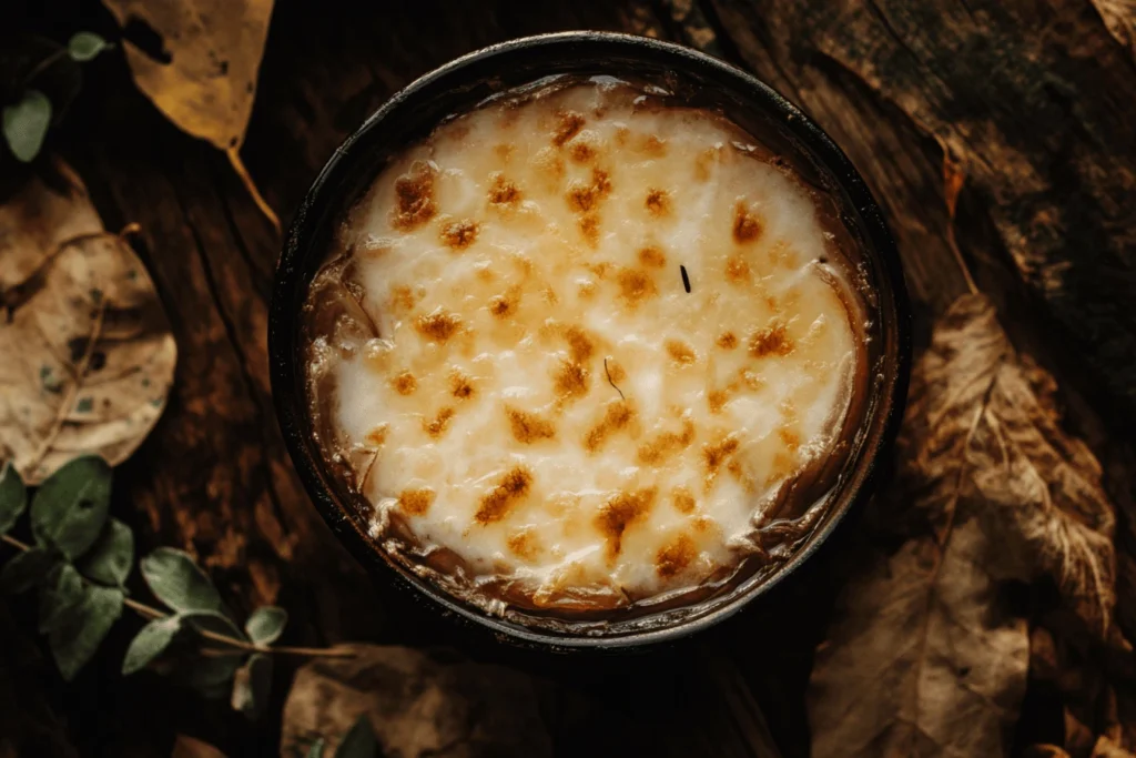 A close-up of French onion soup with melted cheese and toasted bread.