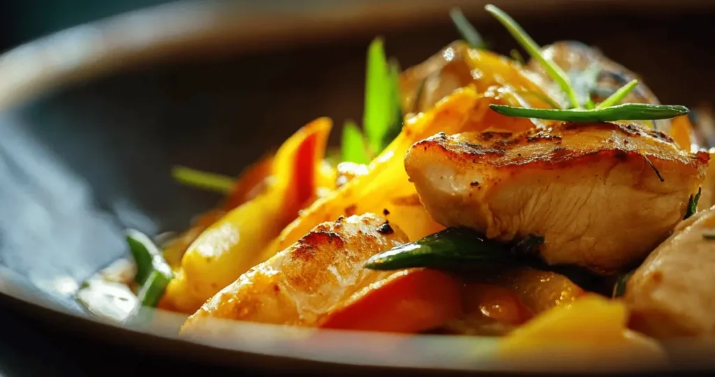 Close-up view of stir fry chicken with vibrant vegetables, served in a bowl, ready to eat, illuminated with soft lighting.