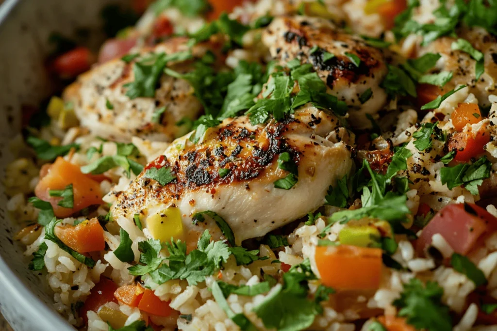 Top-down view of delicious chicken and rice showcasing herbs, spices, and vegetables, highlighting what can I add to chicken and rice for flavor.