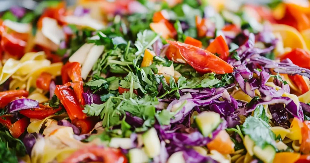 A close-up of a fresh pasta salad featuring colorful vegetables, herbs, and pasta, illustrating common mistakes such as soggy noodles and wilted greens, highlighting the importance of balance and freshness in pasta salads.