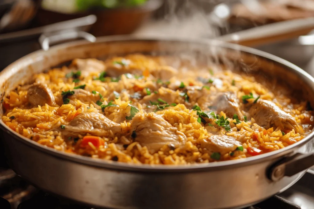 A pot of chicken and rice cooking on a stove, demonstrating a safe method for cooking raw chicken with rice.