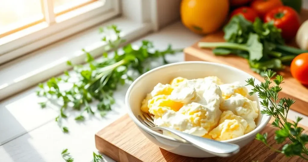 A bright kitchen scene featuring a bowl of fluffy scrambled eggs mixed with creamy cottage cheese, a fork resting beside it, fresh herbs like chives and parsley scattered around, a wooden cutting board with colorful vegetables, and a sunny window with natural light pouring in.