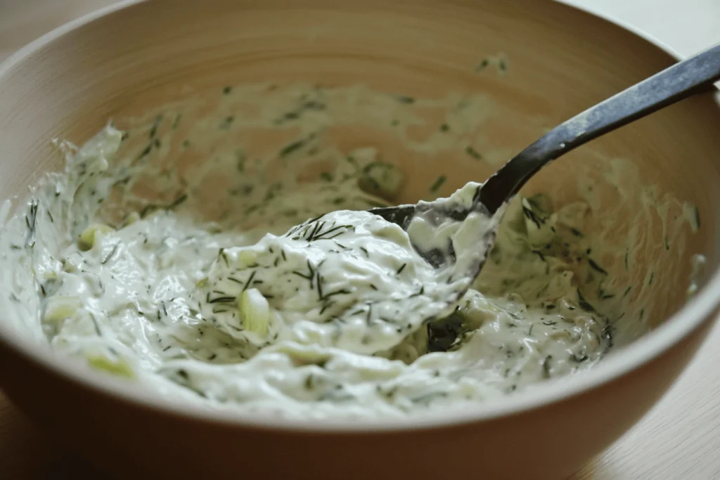 Close-up of homemade tzatziki with cucumber and dill, showing the creamy texture and spoon, is tzatziki good for a diet?