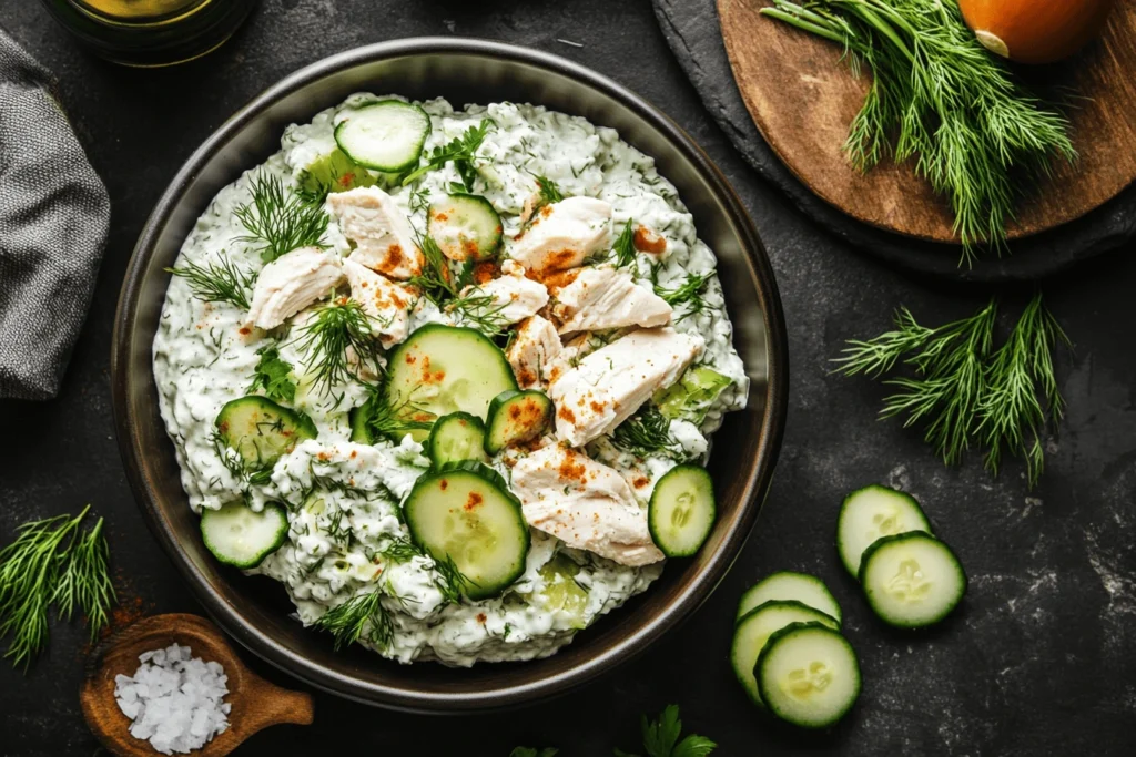 Alt text: Overhead view of a bowl of creamy tzatziki chicken salad with chopped cucumber, dill, and fresh ingredients, with a rustic backdrop. Creamy Tzatziki Chicken Salad Bowl.