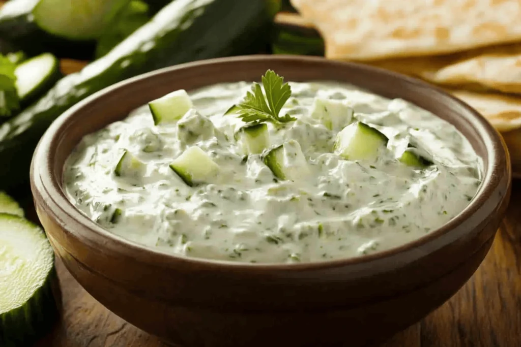 Close-up of tzatziki sauce with pita bread and cucumber, illustrating what is tzatziki sauce good on.