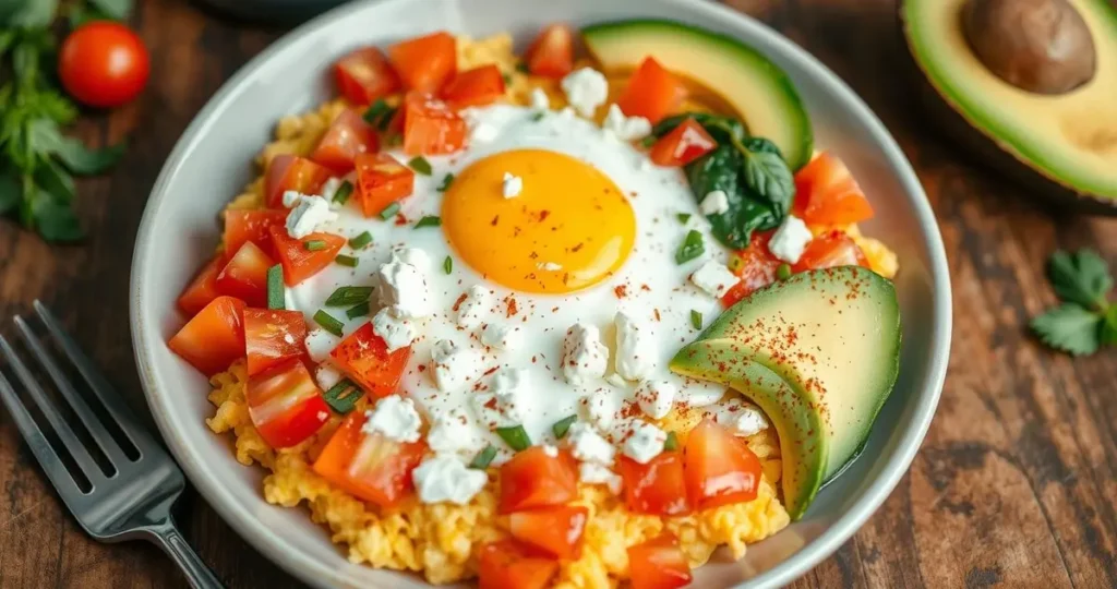 A vibrant and appetizing display of scrambled eggs garnished with a variety of fresh ingredients, including diced tomatoes, chopped chives, crumbled feta cheese, sautéed spinach, slices of avocado, and a sprinkle of chili flakes, all arranged artistically on a rustic wooden table with a fork beside the plate.