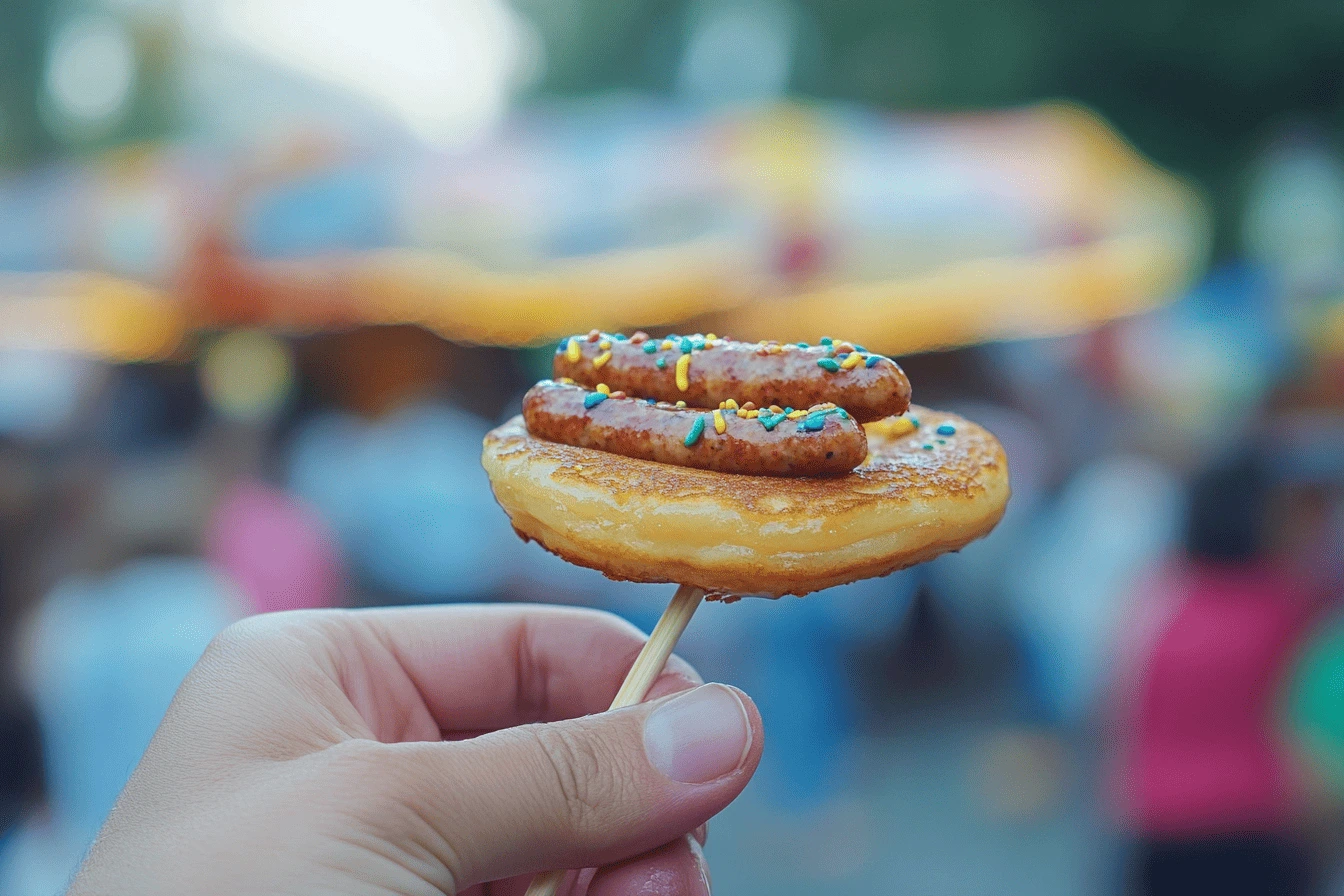 Close-up of a pancake and sausage on a stick, a popular breakfast and snack food, often asked, what is the name of the pancake and sausage on a stick?