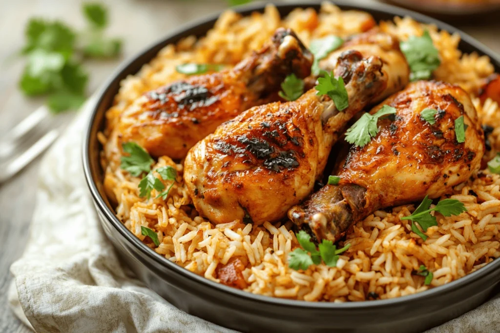 Top-down view of a serving dish with cooked chicken and rice garnished with fresh herbs; showing an attractive way to serve a meal of cooked raw chicken with rice.