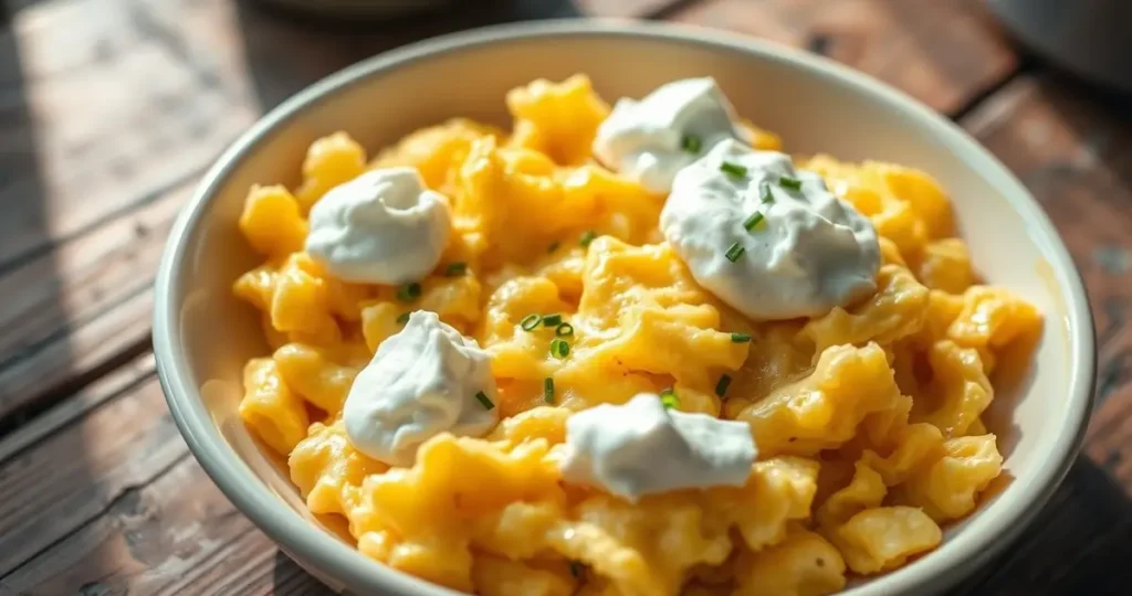 A bowl of creamy scrambled eggs, fluffy and golden, topped with generous dollops of fresh cottage cheese, garnished with a sprinkle of chives, on a rustic wooden table with a soft morning light streaming in.
