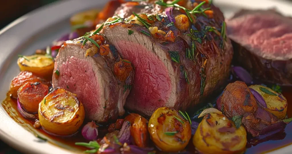 A close-up of a delicious lamb dish served with roasted vegetables and herbs, highlighting the tender, flavorful meat compared to a side of beef steak. The lamb is garnished with rosemary and garlic, showcasing why people prefer lamb over beef.