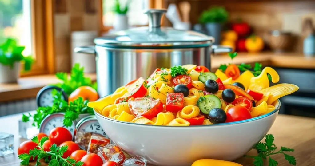 A vibrant bowl of colorful pasta salad, showcasing a variety of ingredients like cherry tomatoes, cucumbers, olives, and bell peppers, arranged artistically around a cooling pot of freshly cooked pasta. Include ice cubes and a thermometer to symbolize cooling, surrounded by fresh herbs sprinkled on top for garnish. The background features a wooden kitchen counter and a bright window letting in natural light, evoking a fresh and inviting atmosphere.