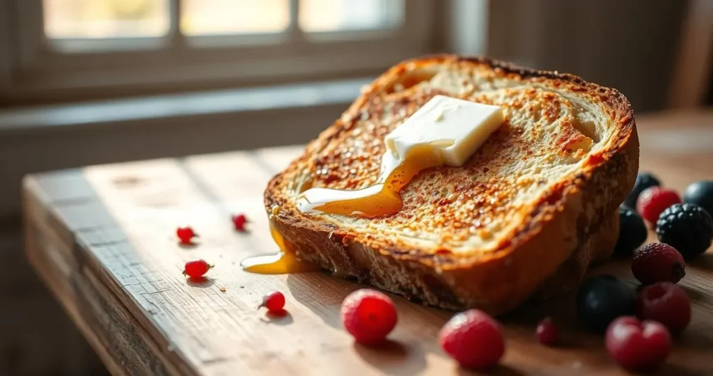 A close-up of perfectly toasted sourdough bread, with a golden-brown crust and a soft, airy interior, placed on a rustic wooden table. The toast is adorned with a pat of melting butter, glistening honey drizzled on top, and scattered fresh berries around it. Warm morning light filters through a nearby window, casting gentle shadows and enhancing the texture of the bread.